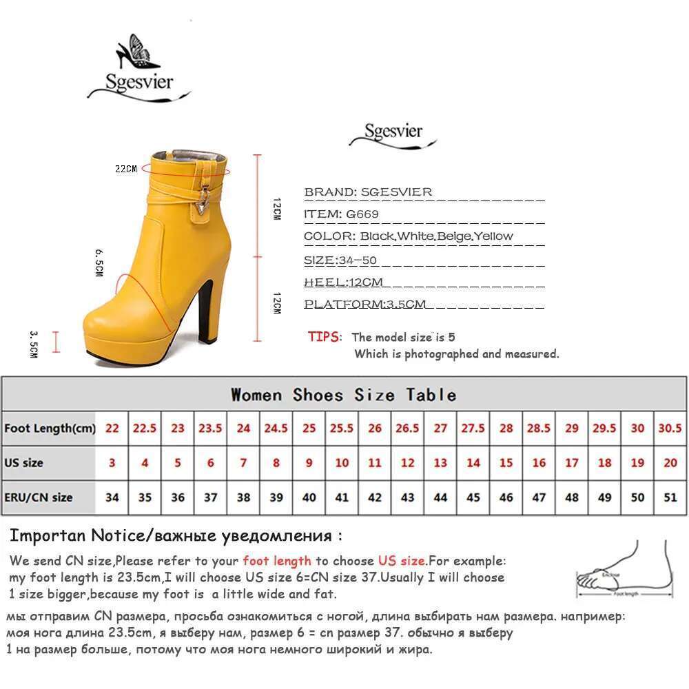 High Heel Sgesvier Autumn PU Leather Ankle Square High Heels Round Toe Platform Black White Women Boots Plus Size G