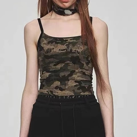 American Vintage Camouflage Vest for Women Summer Slim Fit Tank Top Y2k E-Girl Sexy Off Shoulder Camisole Tops 250321