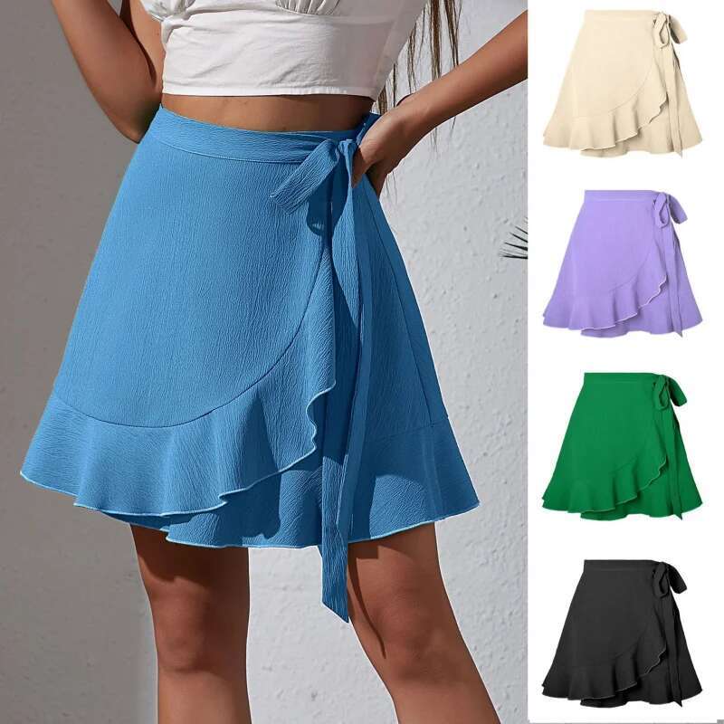 Dongdumaoyi Zomer Een Stuk Tie Taille Midi Rok Hoge Effen Kleur Ruche Zoom Korte Voor Vrouwen A