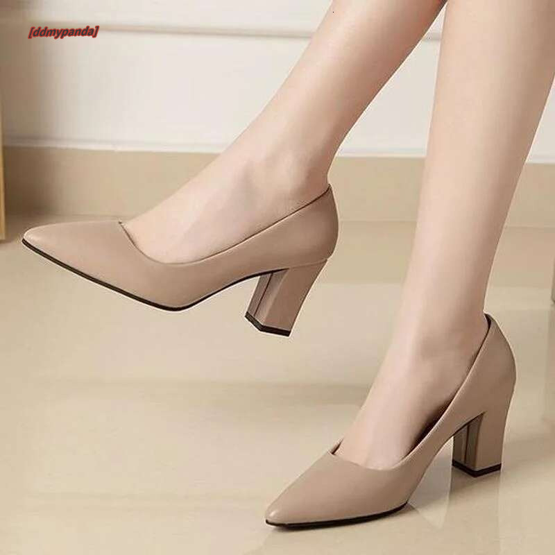 Autumn Newest Women's Leather Thick Heel Single Shoes Ladies Pointed Toe Shallow High Heels Work Pumps Eu 35-41 Black Beige ddmypanda