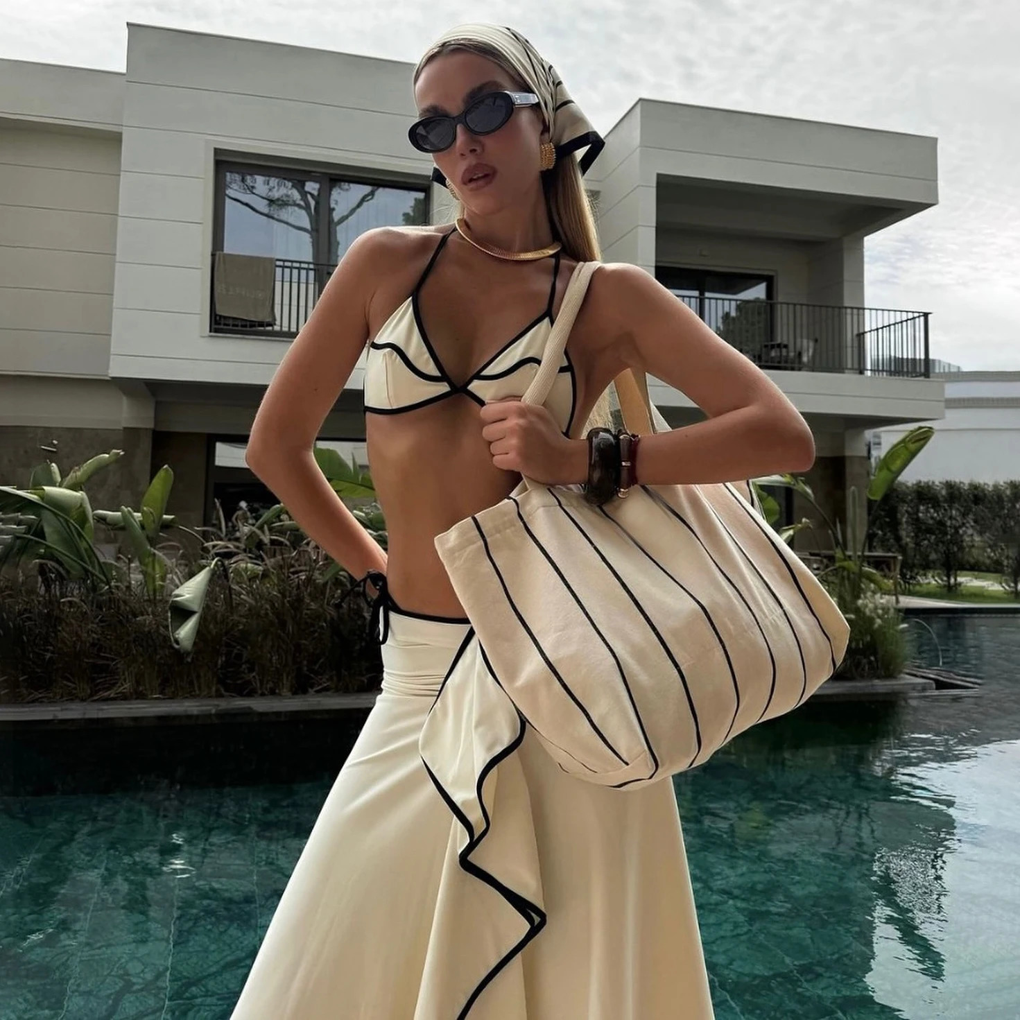 3 Pieces Sexy Bikini Set Black White Bikinis Women Swimsuit Female Elegant Swimwear Long Skirt Bathing Suit Beachwear Cover Up 250324