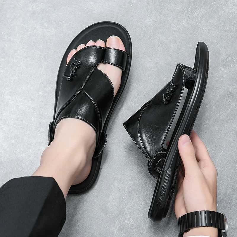 Mens Summer New Sandals and Slippers Mens Leather Sandals Adult Breathable Beach Shoes N-Slip Open Leather SandalsXJ250326