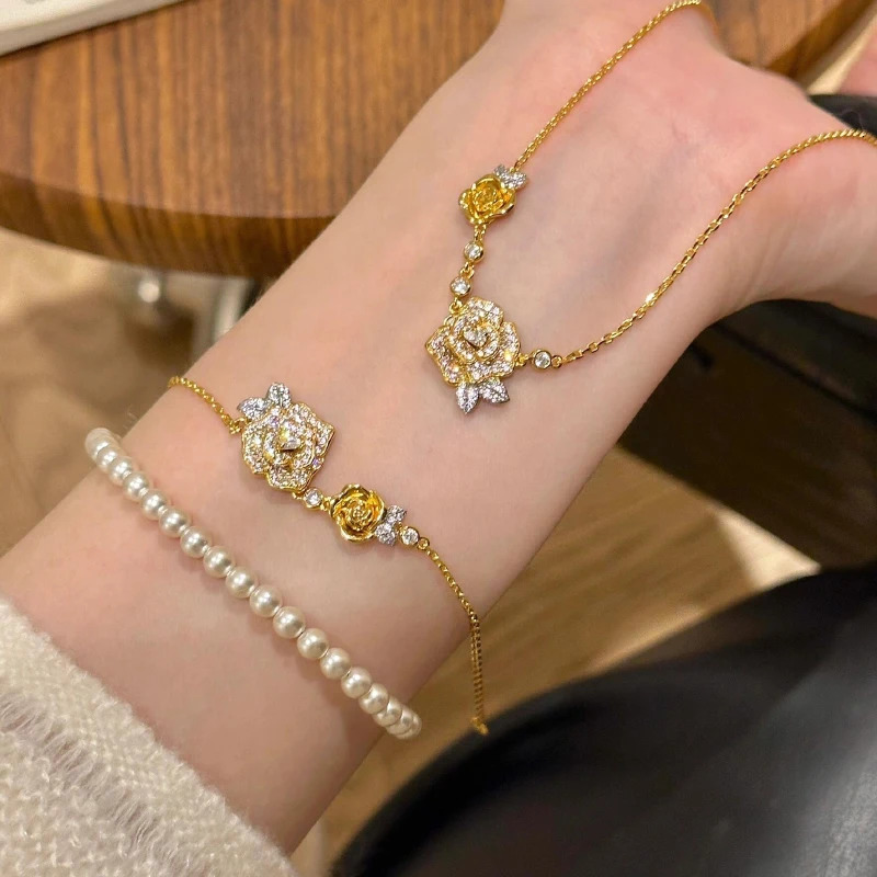Romantic Sparkling Yellow Rose Jewelry Set Wedding Engagement Set Diamond Bracelet Necklace Ring 250326