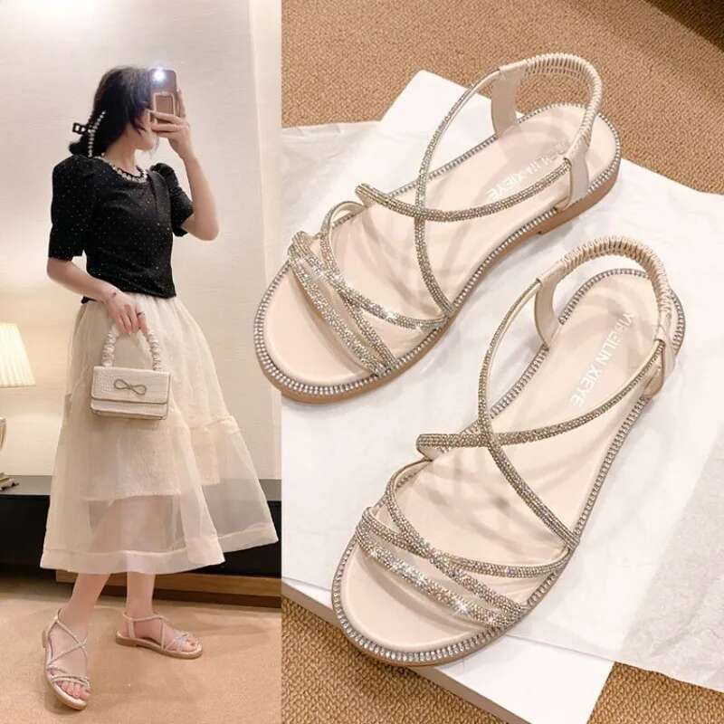 2025 Summer New Rhie Flat Women's Open Toe Elastic Set Foot Cross Sandals, Women Sandals
