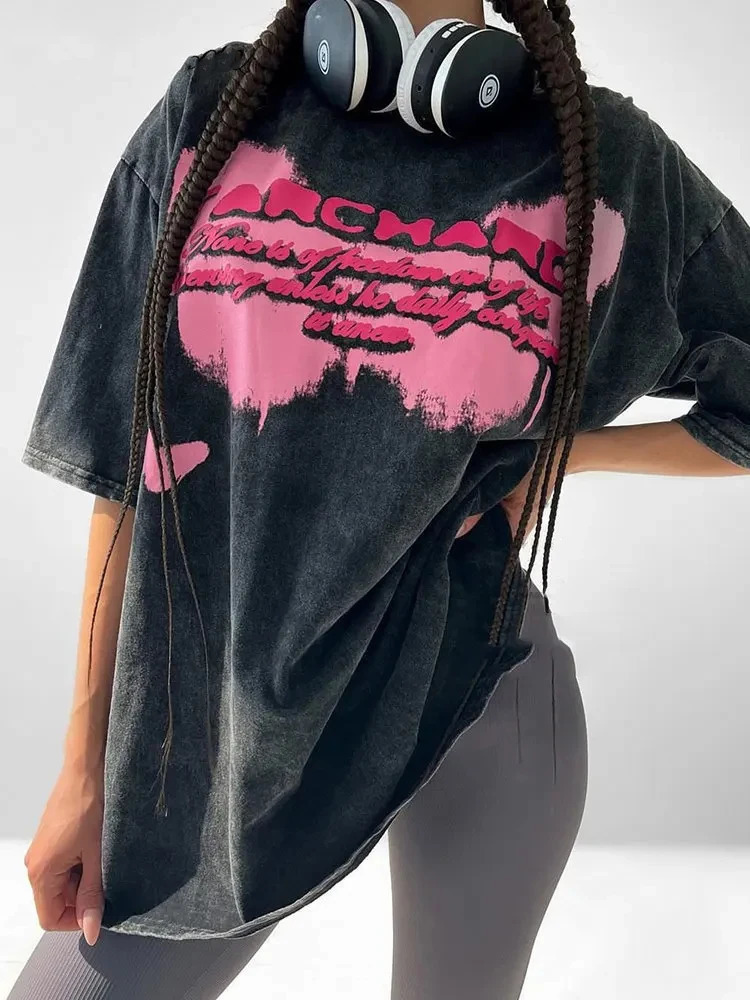 Pure cotton womens T-shirt with pink planet print top loose O-neck oversized T-shirt Y2k womens clothing retro short sleeved 250321