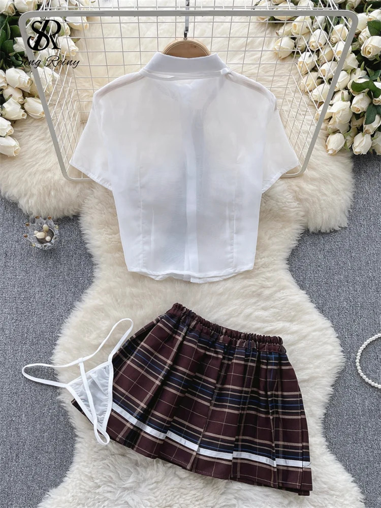 Singreiny Plaid JK Uniform Sex Set Underwear Womens Short Sleeve ShirtWrinkle Tight Clothes Role Playing Transparent Sexy 250318