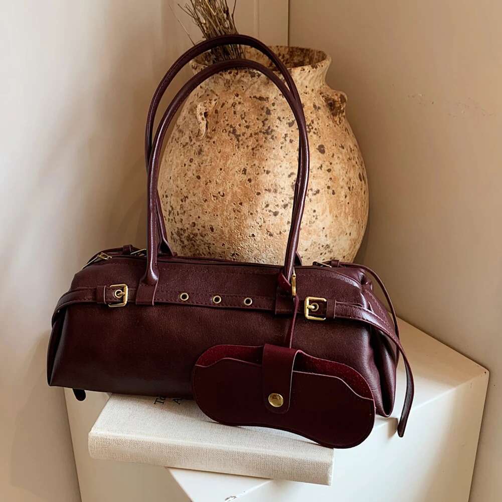 Boston Handbag For Women Solid Shoulder PU Leather Casual Bowg Retro Commuter Bag