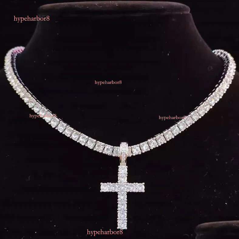 Religious Cross Pendant Necklace For Women Stainless Steel Plaged Gold Mens Tennis Chain Hip Hop Chains Necklaces Inlaid 4Mm CZ Stone Dia Jewelry