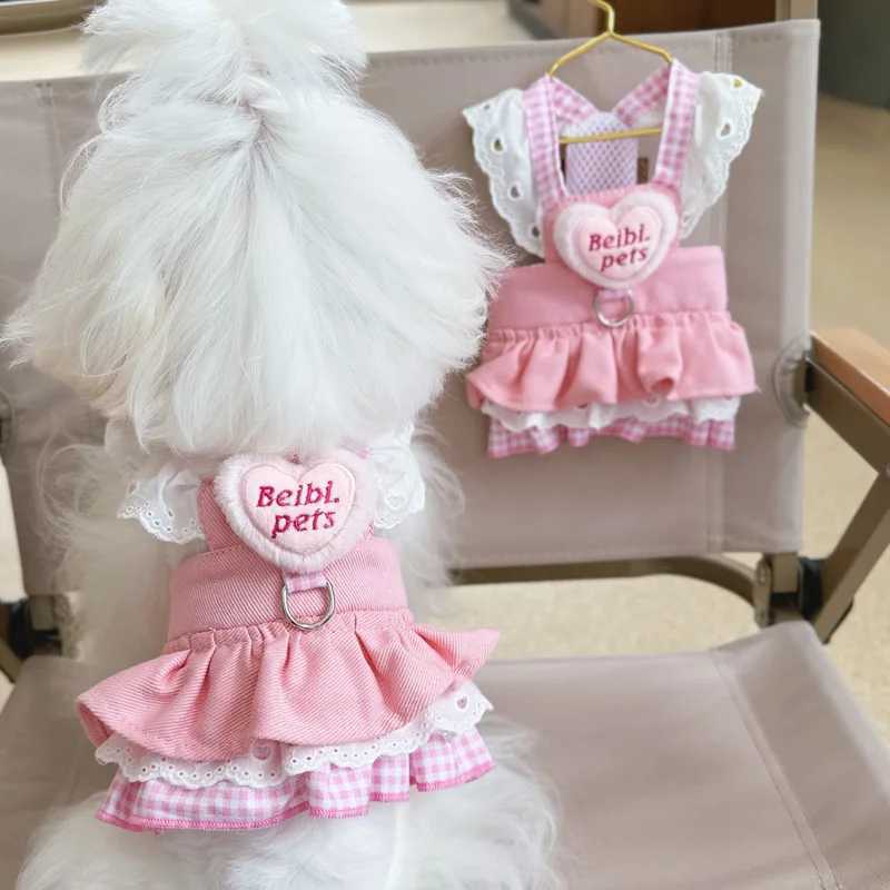 Pink Princess Lace Puppy Strap Summer Dress Puppy Heart Dress Pet Dog Chest Strap Outdoor Walking Yorkshire Clothing X250326