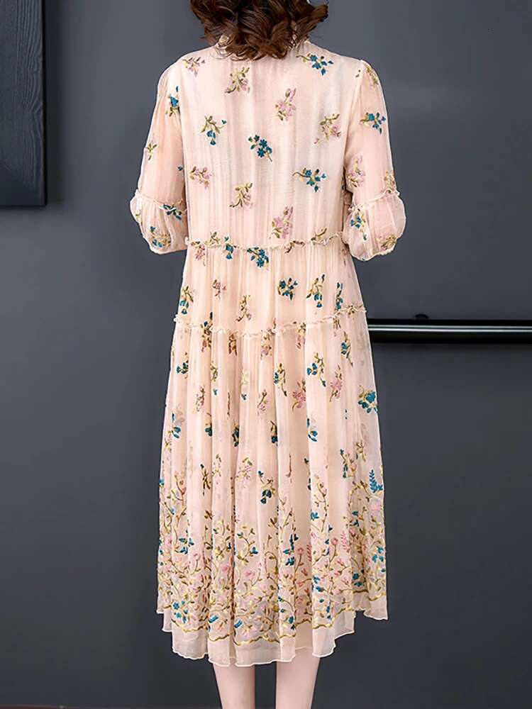 Summer New Silk Embroidery ral Loose Women Elegant Chic Ruffled Collar Casual Home Dress 2024 Vintage Party Robe
