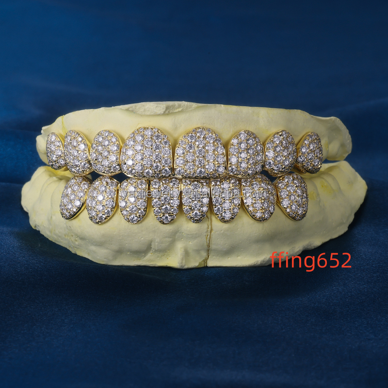 YAXI Custom S925 Silver 10K 14K 18K Solid Gold Grillz 8top 8bottom Gold Plated Iced Out VVS Moissanite Lab Grown Diamond Grillz