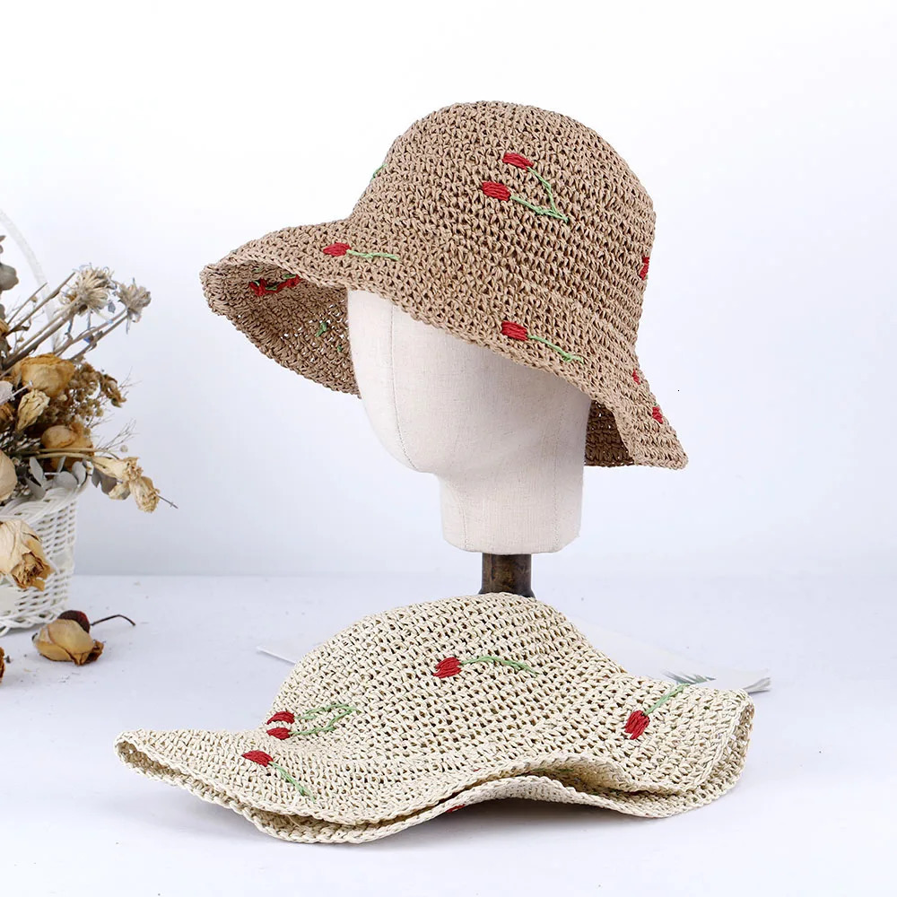 2025 Girl fashion Style bucket hat cherry Foldable Sun Crochet Hat For Beach Travel And Vacation handmade straw hat 250326