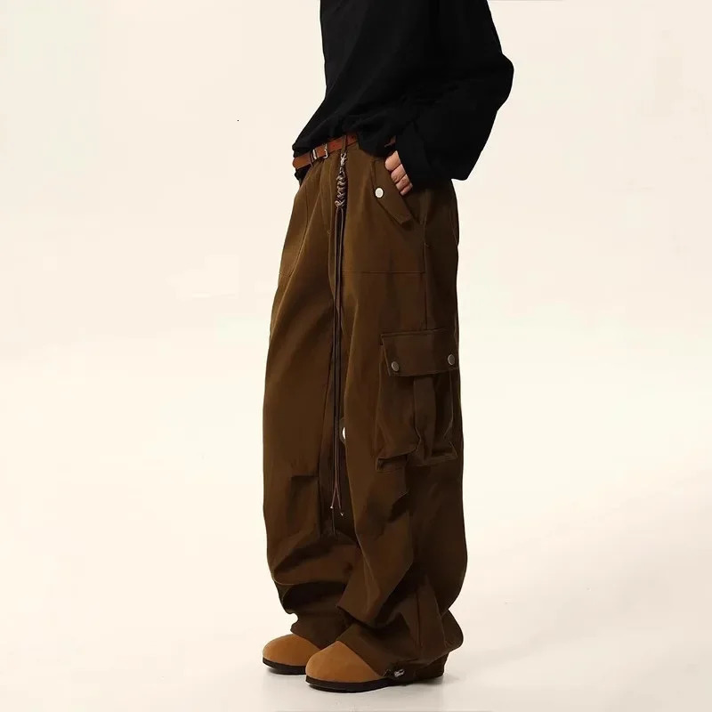 Retro American Panther Brown Cargo Pants Loose Fit Straight Leg Casual Mens and Womens Autumn Puff 250326
