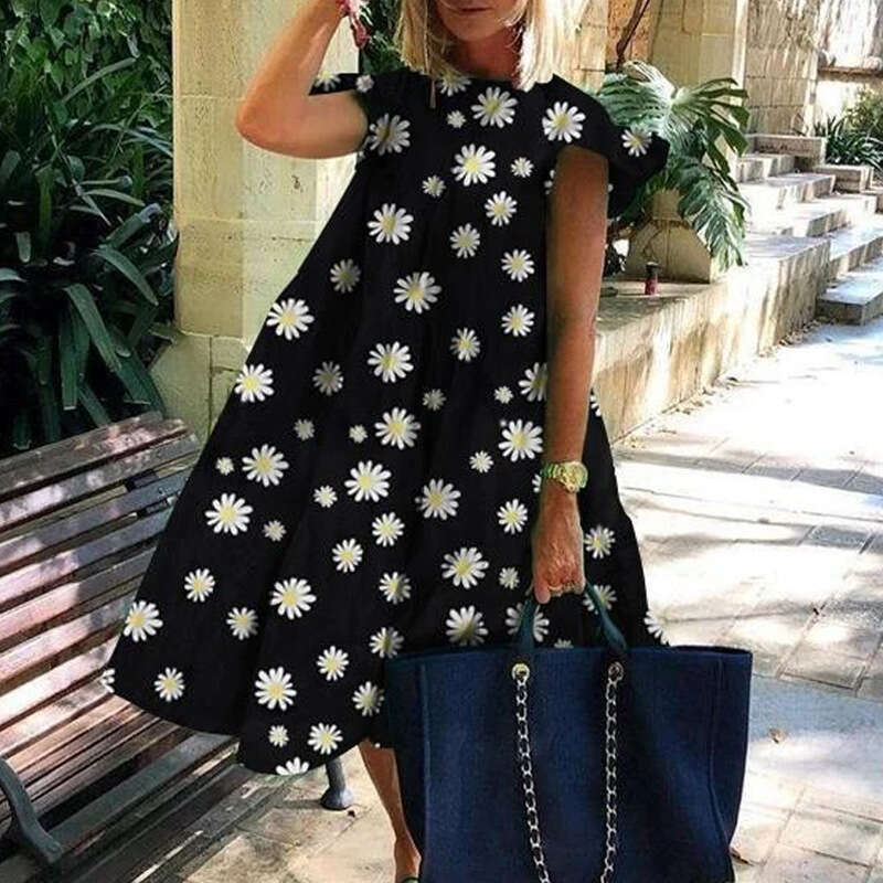 Vestidos De Noche white dress Womens Summer clothing ladies Oversized Dresses Round Necks Fresh and Sweet Digital Prints Casual Large Hem Womens Cloth