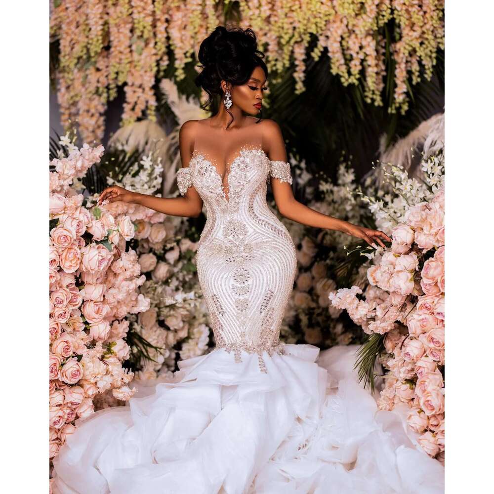 Elegant Arabic Aso Ebi Mermaid Ivory Wedding Dresses Beaded Crystals Lace urious Off The Shoulder Bridal Gowns Dress