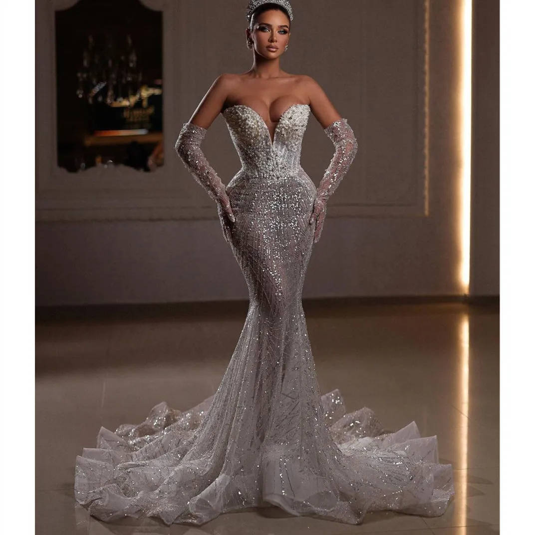 Sexy Pearls Mermaid Wedding Dress Fashion Sequined Lace Sleeveless Bridal Gown Floor Length Vestido De Novia Customized