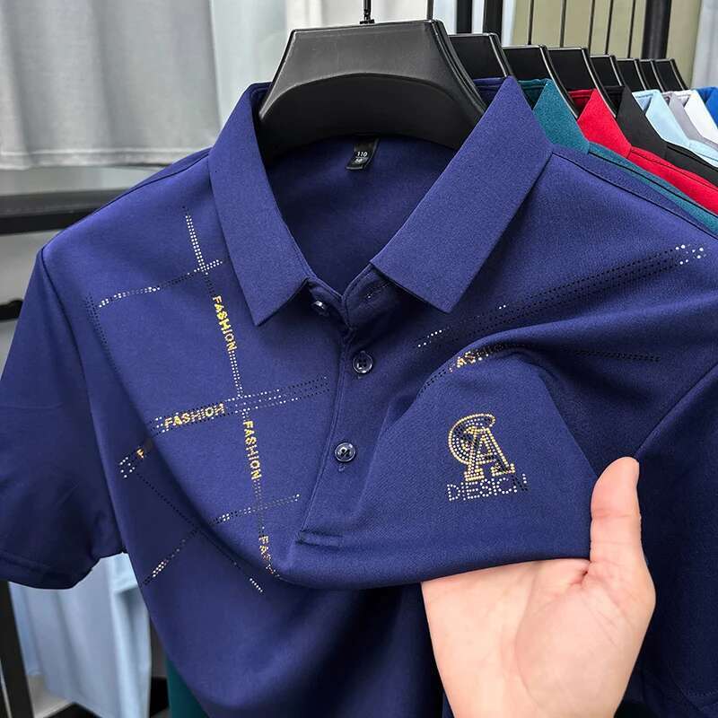 Men s short sleeved polo shirt summer trend high elasticity breathable casual cool stripes large square business stylist T