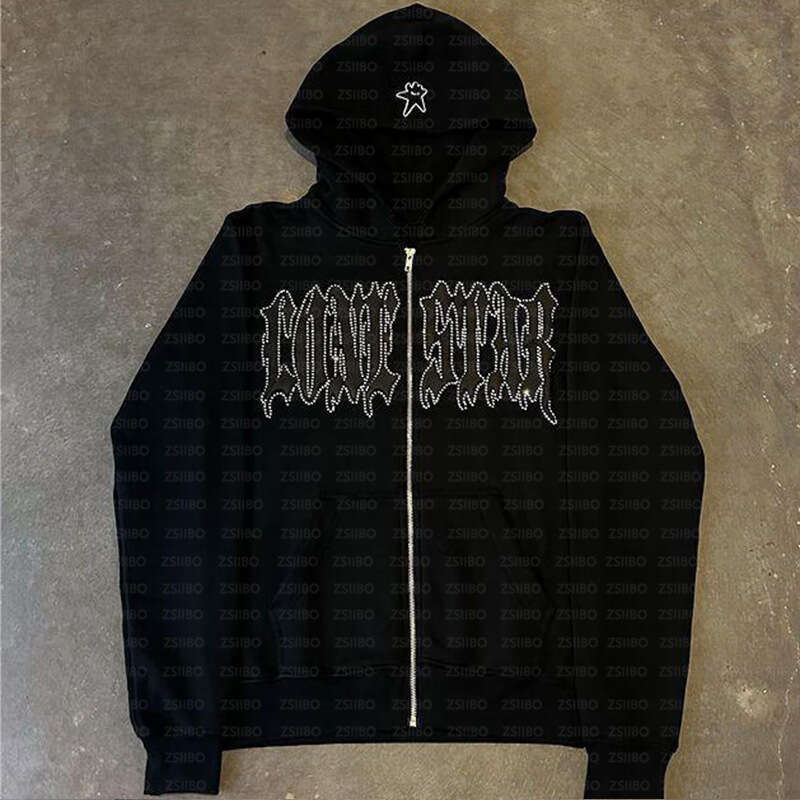 Hip Hop Gothic Style Cardigan Hooded Y2k Harajuku Hot Stamping Diamond Personalized Letter Printed Sweatshirt