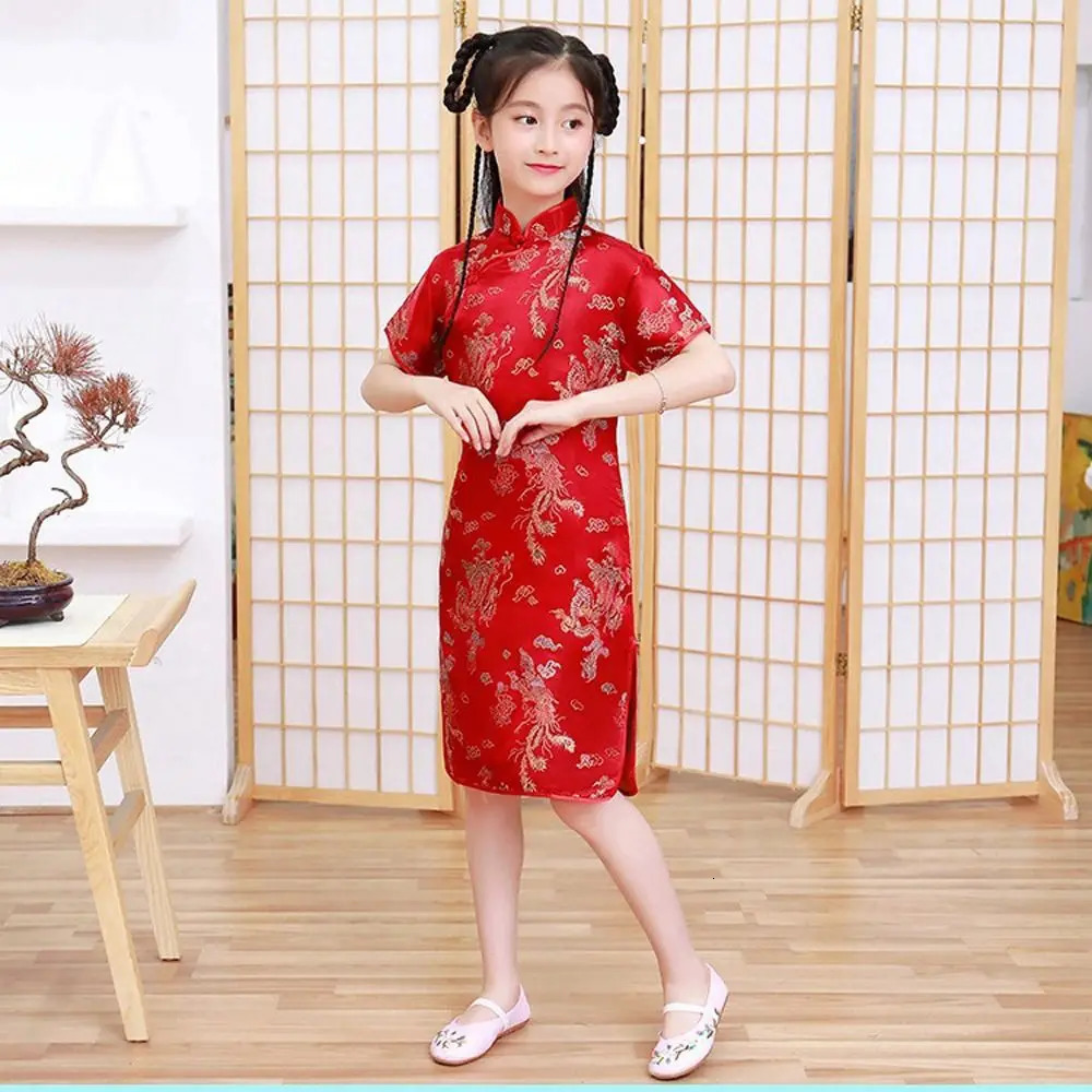 Dragon Phoenix Pattern Niche Autumn Silk Chinese Style Dress Girls Skirt Kids Traditional Dress Qipao Girls Cheongsam 250326