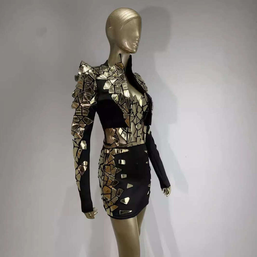 Sexy Shiny Gold Imitation Lens Mini Skirt Set Y2k Bar Party Female Singer Nightclub Performance Outfit