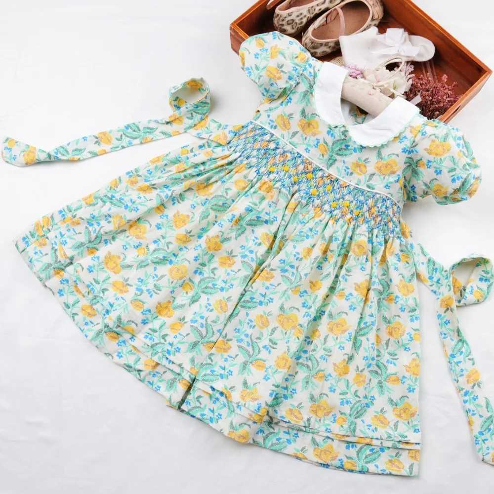 Baby Girl Princess Elegant Smoking Dress 2 3 4 5 6 Year Old Children Girl Flower Handmade Smoking Dress Cotton W250326