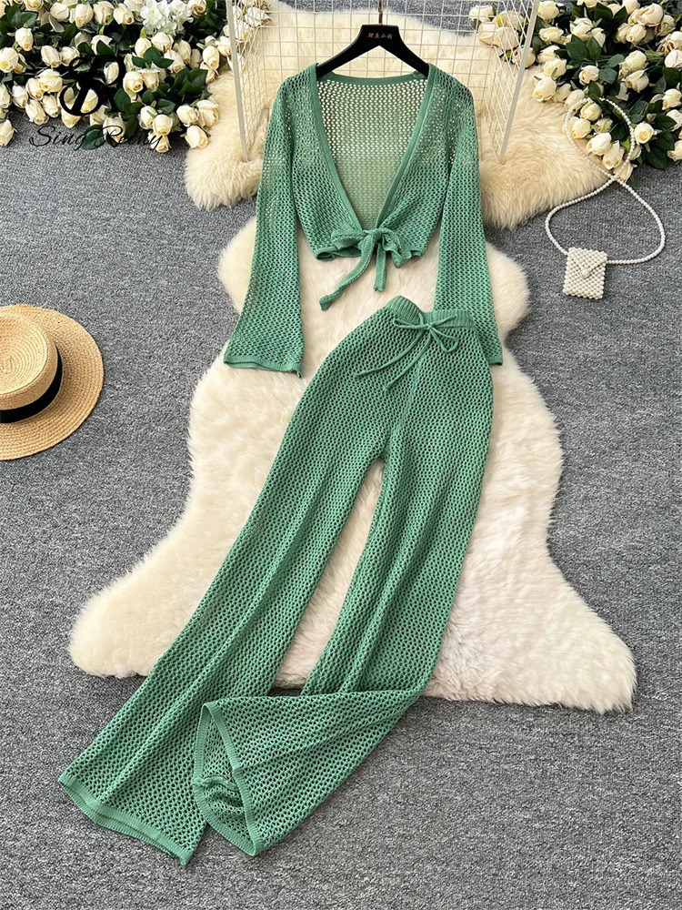 SINGREINY 2025 Summer Hollow Out Beach Sets Women Lace Up Short CardigansElastic Wide Legs Long Pants Bohemian Two Pieces Suits 250324