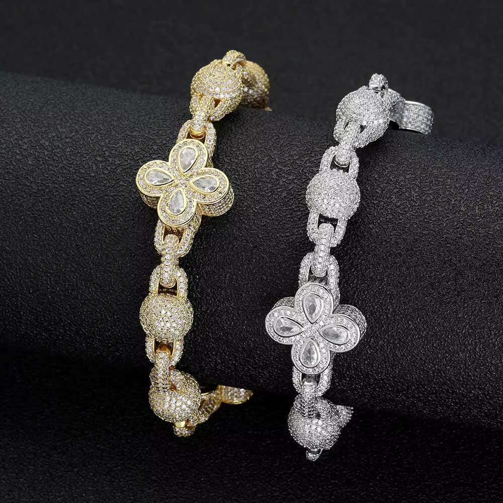 Fashion New Four Leaf Clover Round Ball Bead Necklace Hiphop Customize Moissanite necklace Bead Chain Cuban Link Chain Necklace for Women