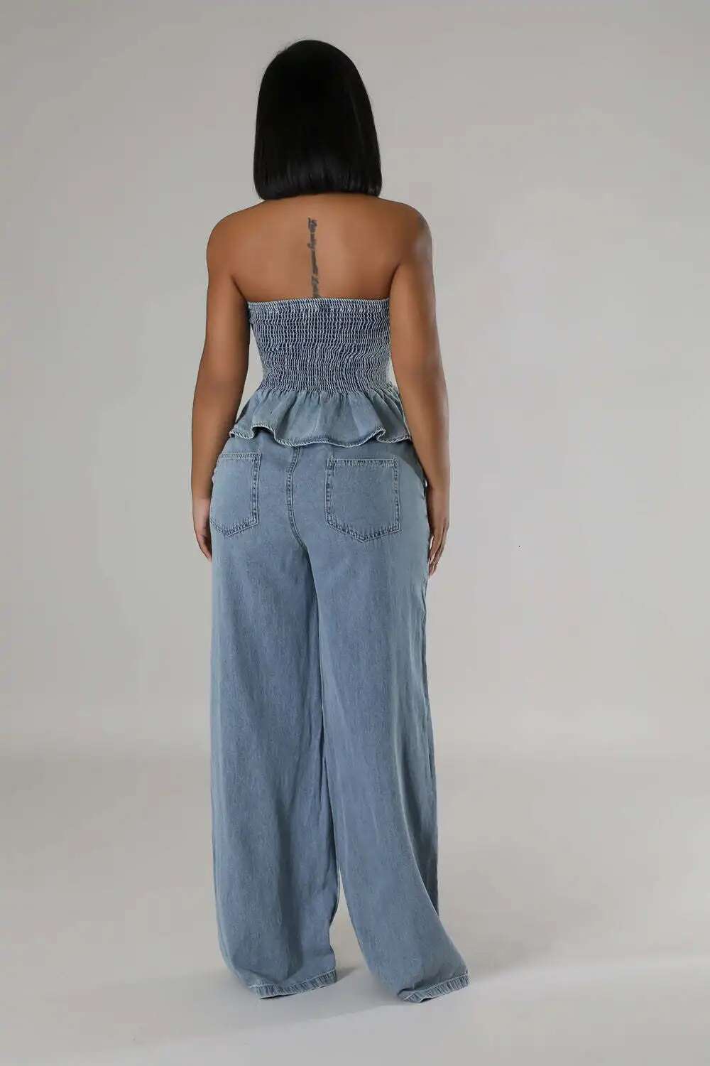 Jeans Wide Leg Pants Outfit Sexy Women Two Pieces Elegant Denim Club Matching Set Ruffles Top+Trousers