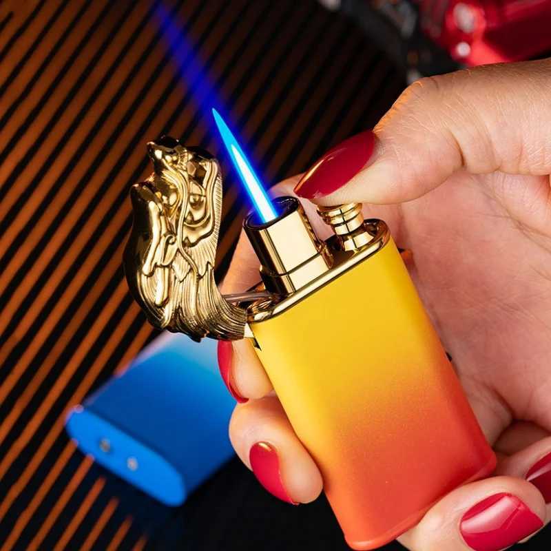 Metal Lighters Double Flame Cigarette Lighters Windproof Inflatable Lighters Gradient Colour Butane Torch Lighters Mens GiftsC250326