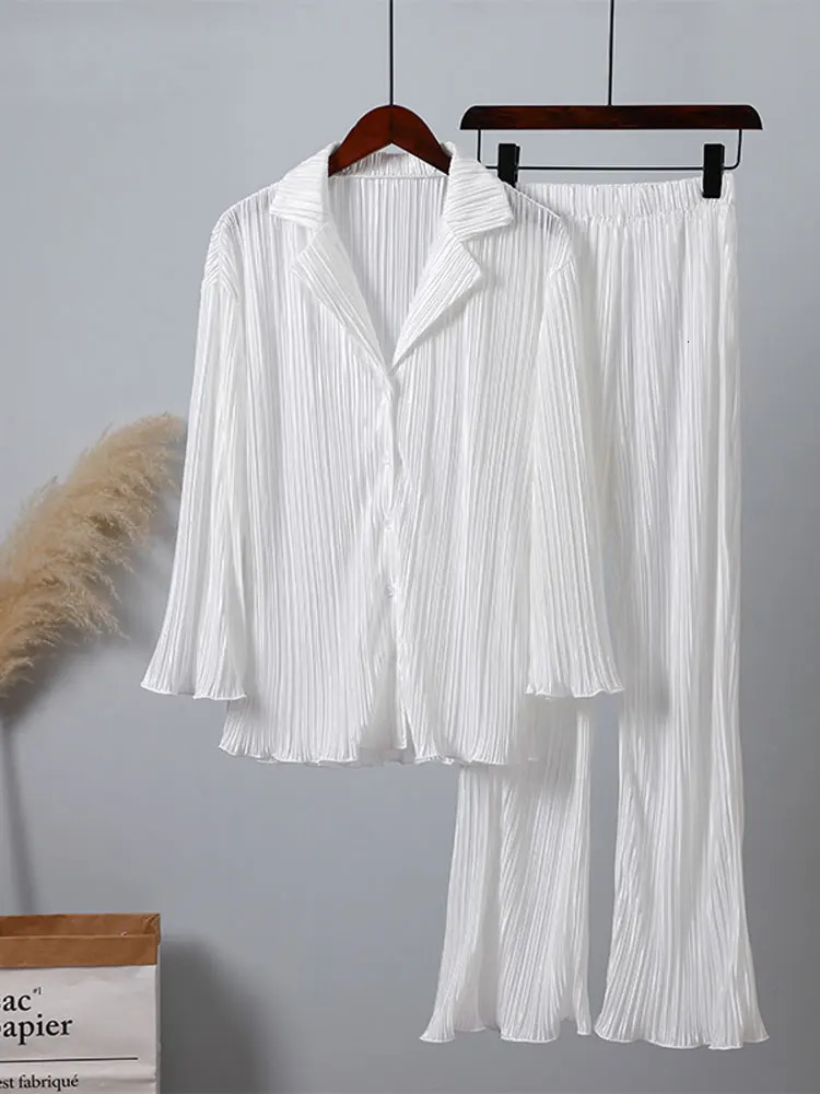 Spring womens shirt pleated two-piece loose high waist wide leg pants set casual and elegant office womens clothing 250321