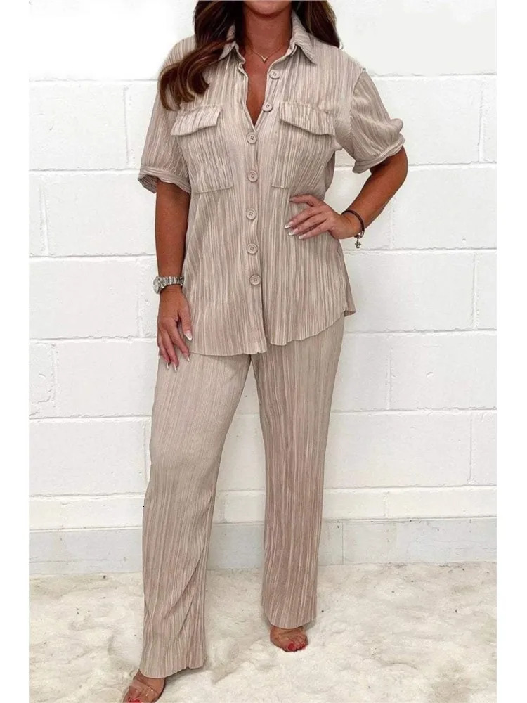 Elegant Solid Color Womens 2-piece Set Spring/Summer Long Sleeve Shirt and Pants Set Womens Casual Set 250321