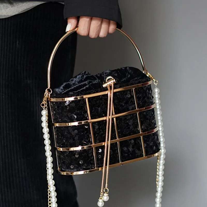 Evening Clutch Bag For Women Sequin Hollow Out Preal Beaded Metallic Cage Handbags Ladies Wedding Party Purse