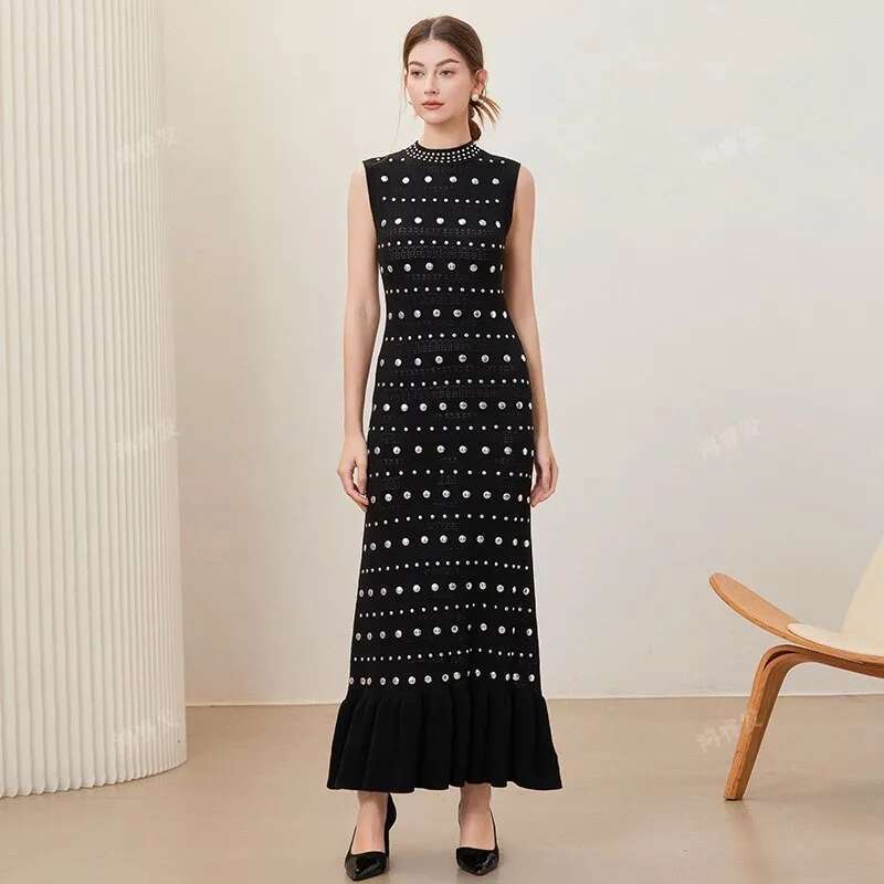 European And American Design Knitted Dress Women'S Spring/Summer Round Neck Hot Bead Unique Slimming Long Style