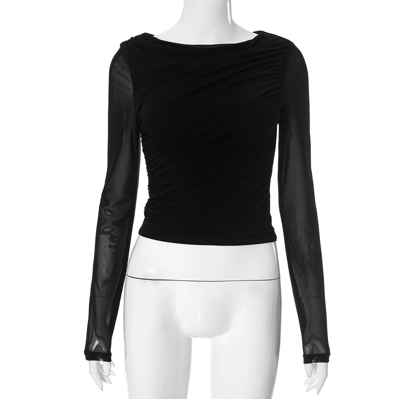2025S Fashion Designer Y TP Women S Round Neck Solid Color Mesh Pleated Splicing Perspective Short Crop Top T Shirt With Exposed Navel