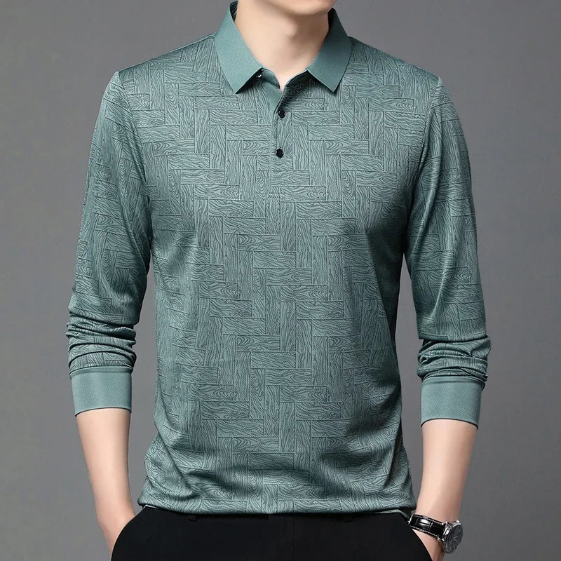 Mens business casual long sleeved solid color polo shirt fashionable breathable and comfortable Versatile top y250326