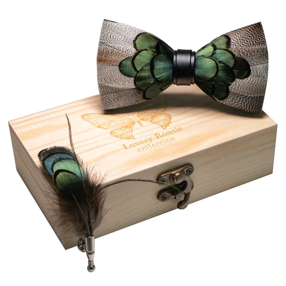 JEMYGINS Original Bow tie Natural Feather Exquisite Hand Made Men Bow Tie Wooden Gift Box Set Wedding party 250319
