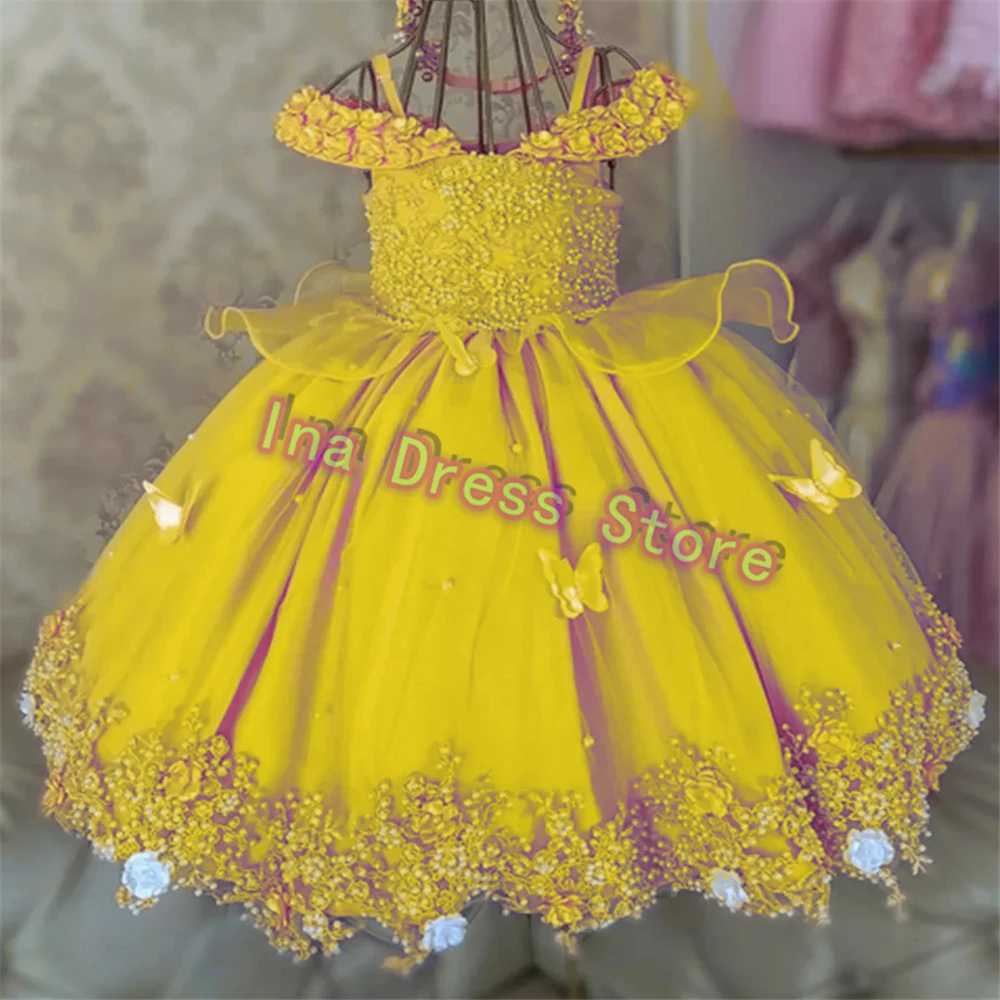 Customized cute baby girl flower girl wedding dress bead wedding butterfly flower childrens birthday party dress W250326