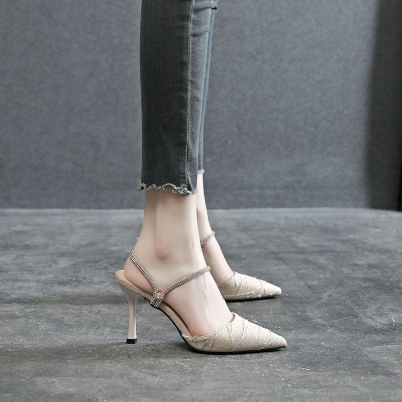 Baotou High Heel Sandals for Women Summer 2025 New Style Fine Heel Pointed Water Diamond Cold Slippers High Heel Shoes for Women