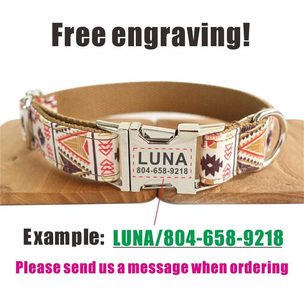 Personalized pet collar customized name ID tag adjustable brown ethnic set regular cat and dog collar lead strap X250326