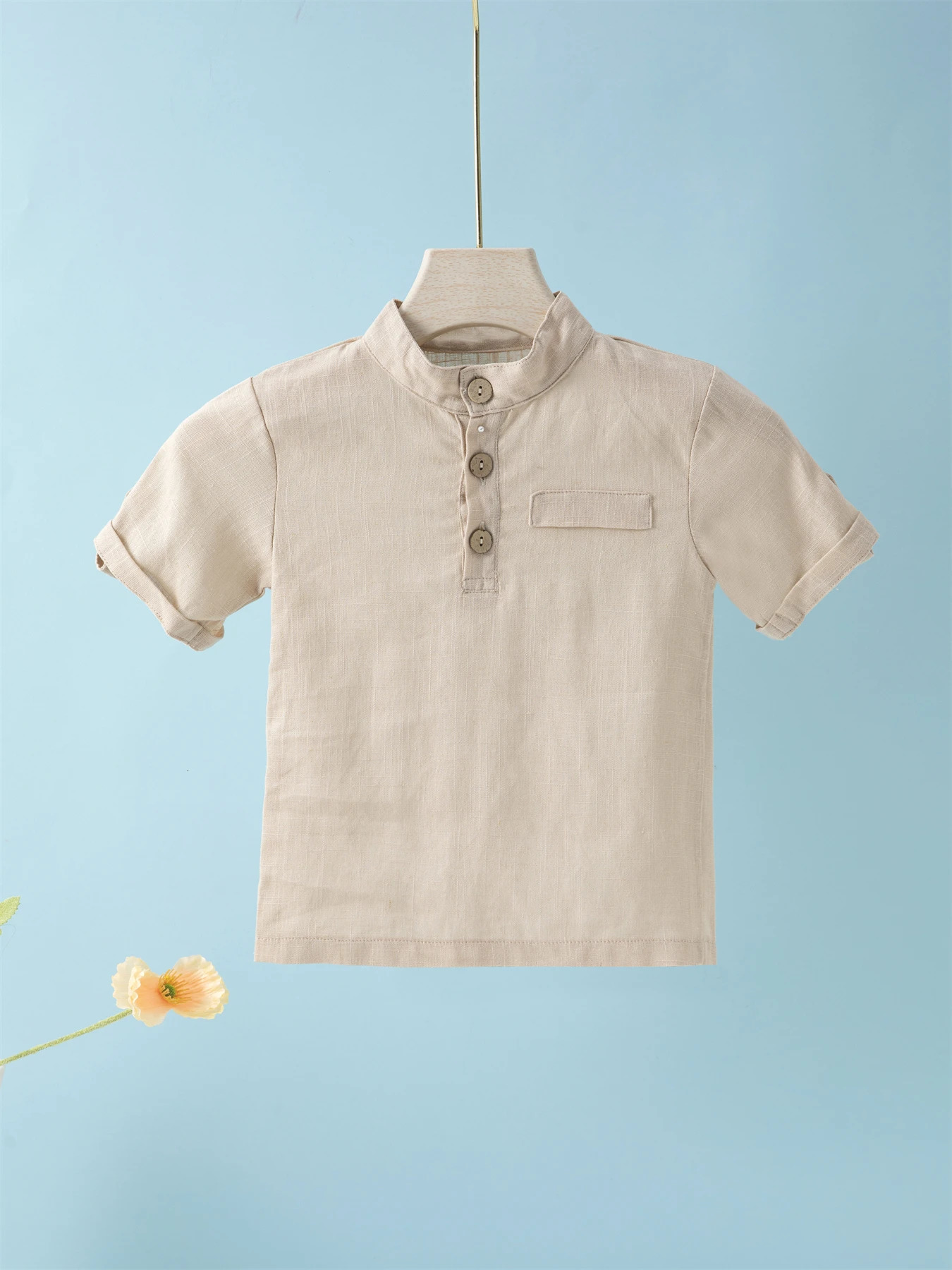 Short Sleeve Polo Shirt for Children Casual Mandarin Collar Solid Color Cotton-Linen Blend Thin Summer 250326