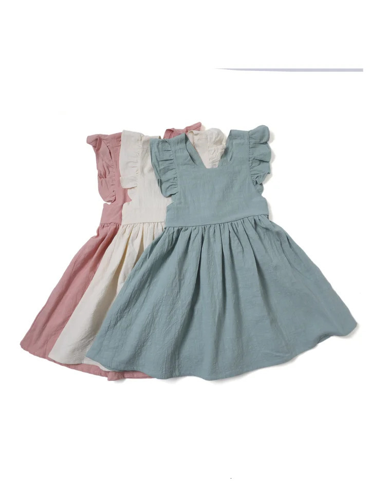 Casual Style Sleeveless Baby Girl Clothing Flying Sleeve Cotton and Linen Material Versatile Solid Color Princess Dress 250326