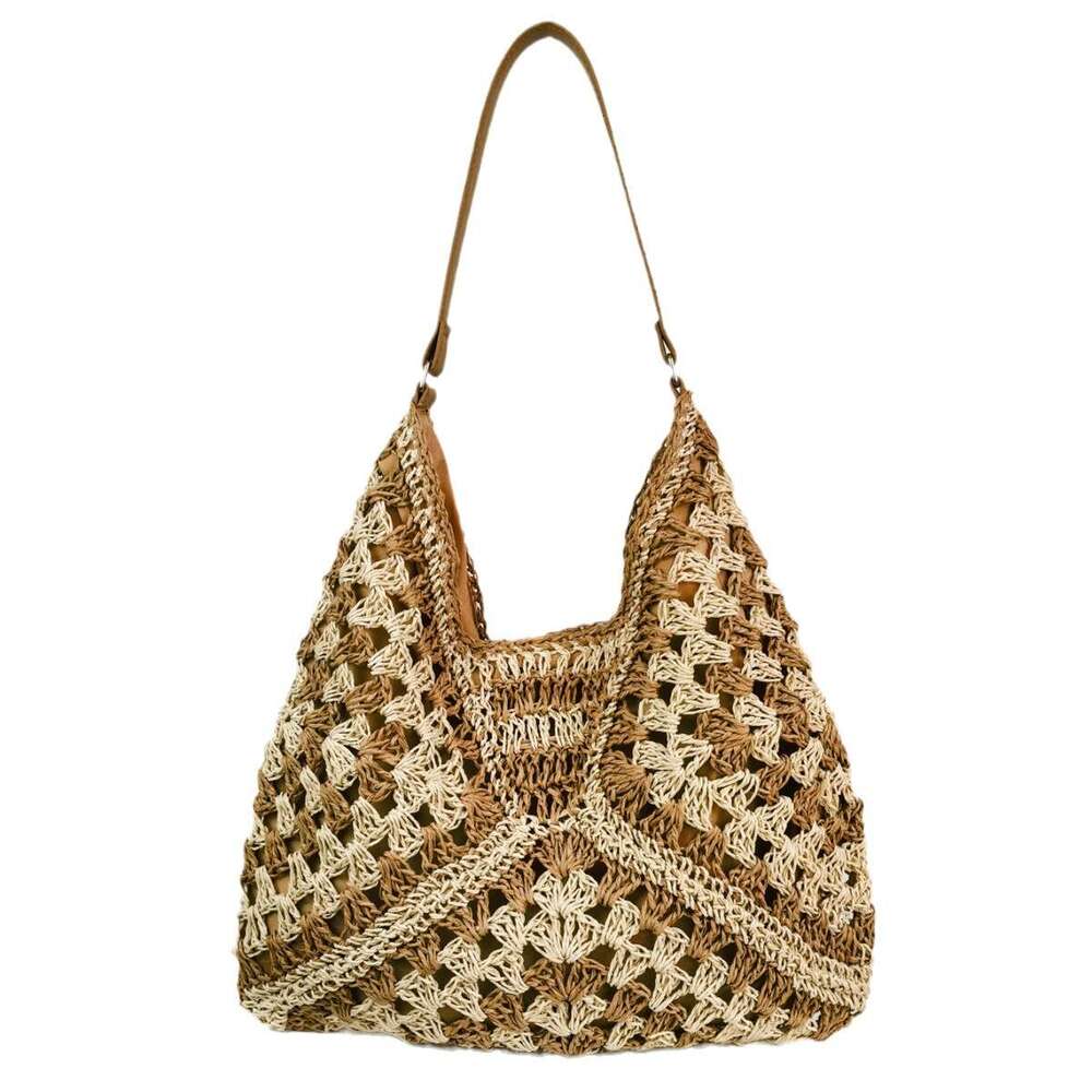 9f 2023 New Handmade Grass Woven Hollow Square Flower Large Triangle Contrast Knitted Shoulder Bag