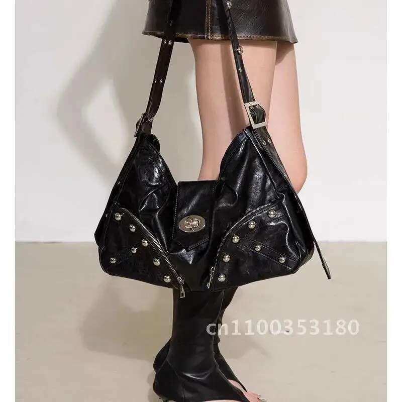 JIAERDI Vintage Rivet Coffee Shoulder Bags Women Y2k Grunge Large Moto Female Chic Tote Biker Handbag Bag Messenger Capacity