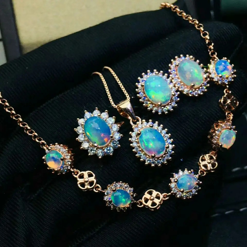 MeiBaPJ Natural Opal Sunflower Ring Earring Bracelet 4-piece Womens Genuine 925 Pure Silver Exquisite Jewelry Set 250326