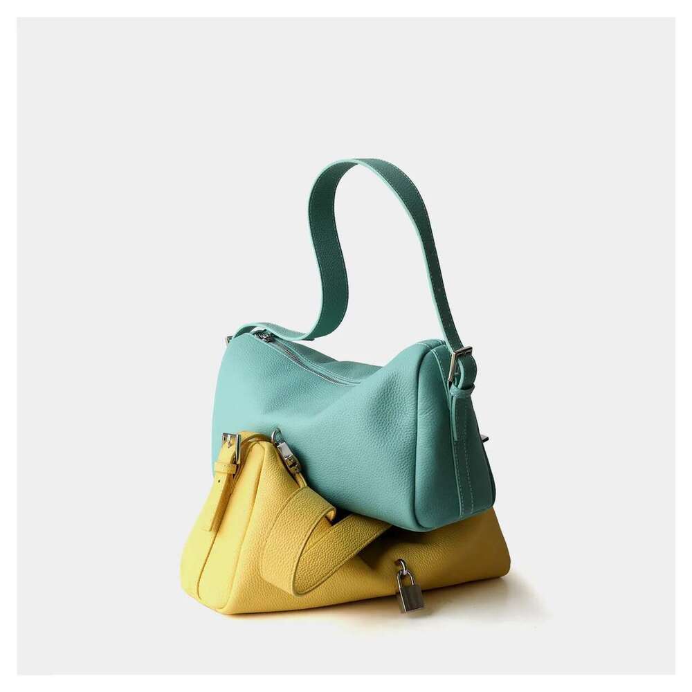 Women's Bags Ins Chic LOCK Design Soft Horizontal Cydrical Shape Pillow 100% Real Leather Women Shoulder Bag Yellow Purse