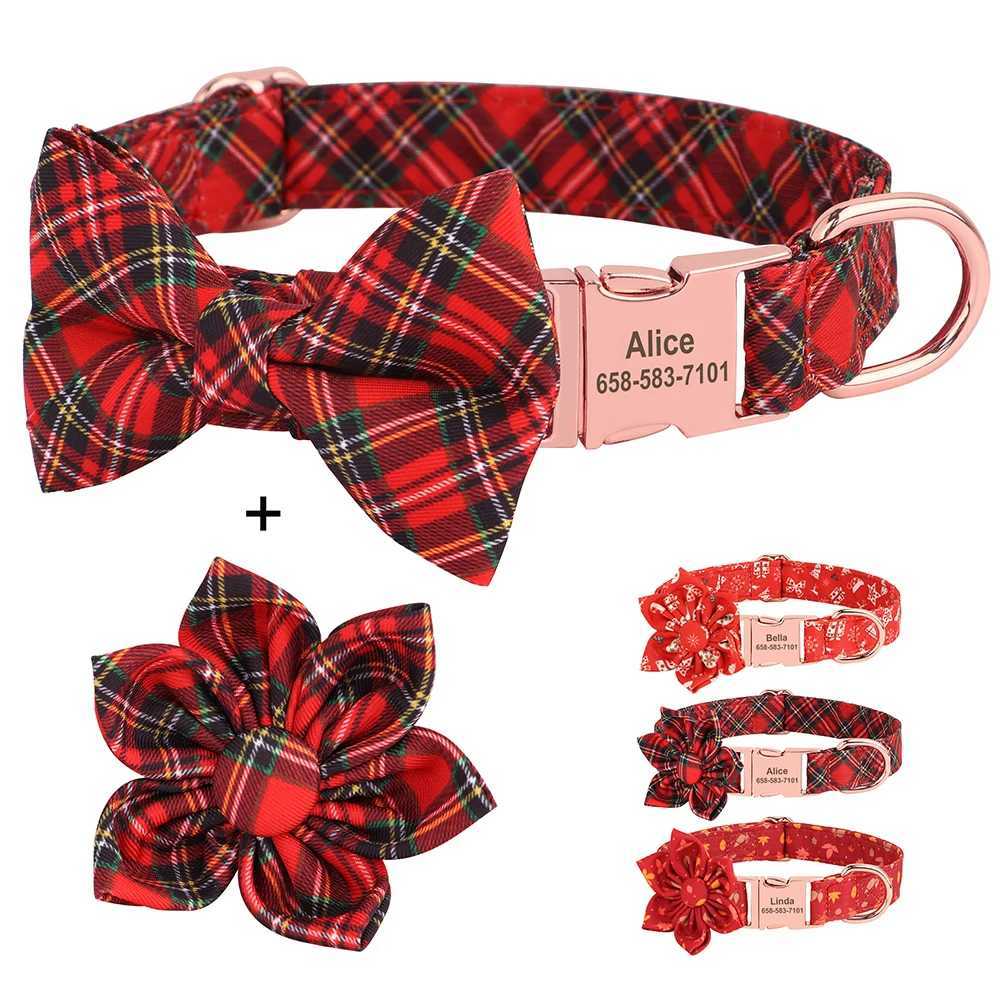 Personalized Christmas dog collar customized red checkered pet collar with bow no engraved ID name tag pet accessories X250326