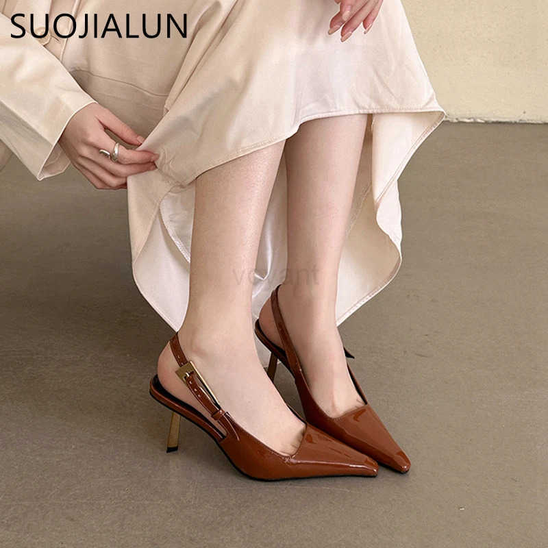SUOJIALUN 2024 Spring New Band Wen Pumps Shoes Fashion Shallow Slip On Slingback Sandals Thin High Heel Dress Sexy Pumps Shoes Z250326