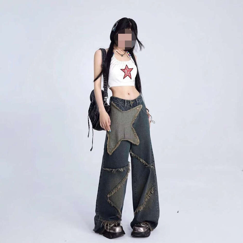 American Five Pointed Jeans For Women, Y2k High Waist Slimming Design, Star Fringed Straight Leg Pants With Floor Length