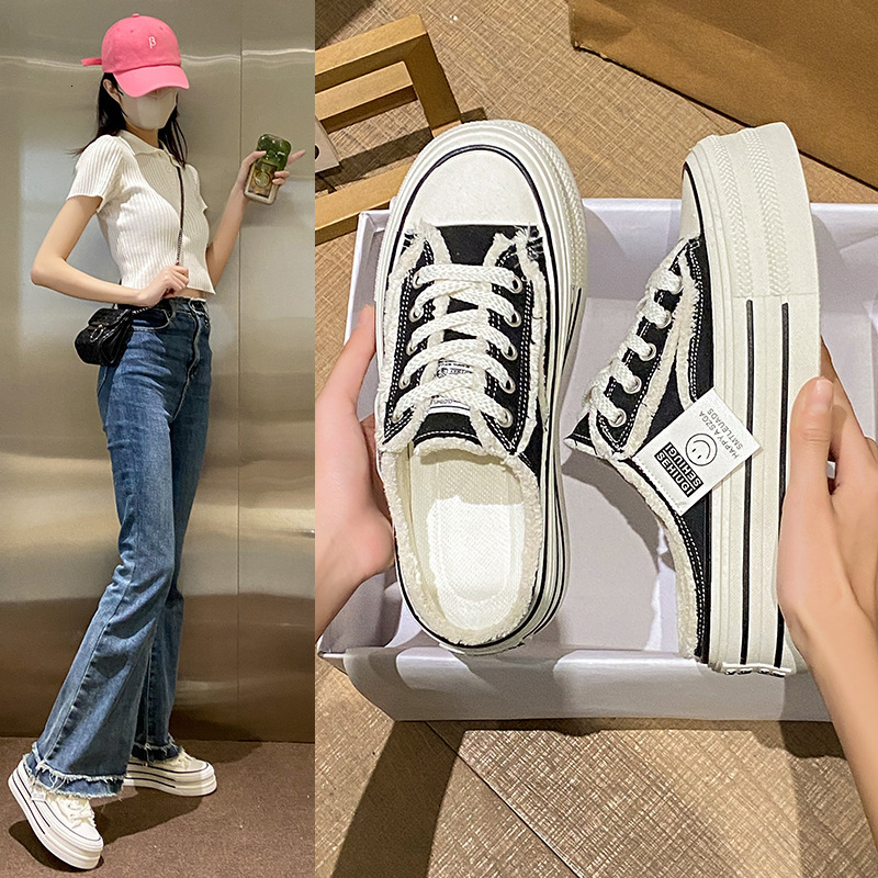 Designer Shoes New Round Toe Thick Soled Semi Trailer Canvas Shoes For Women's Summer Outdoor Wear 2025 Model Height Increasing Sponge Cake Lazy 