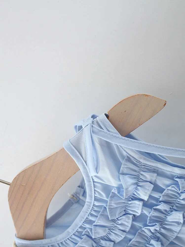 Summer 2025 childrens and girls sleeveless light blue cotton dress with ruffles and Str pockets a soft and comfortable baby girl outfit W250326
